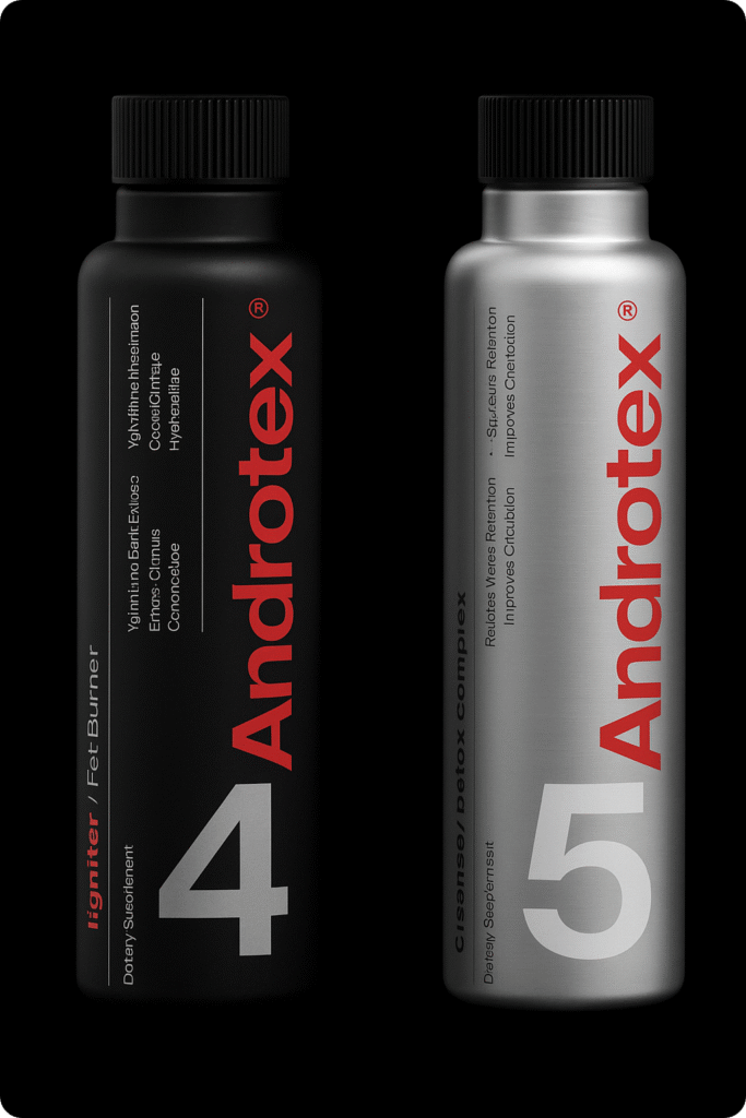 Envases androtex, con el logo androtex, uno con fondo oscuro y otro gris metalico.