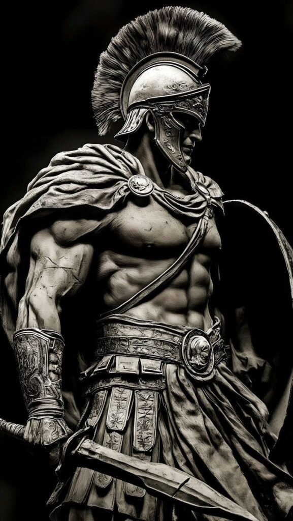 Escultura espartano blanco y negro.