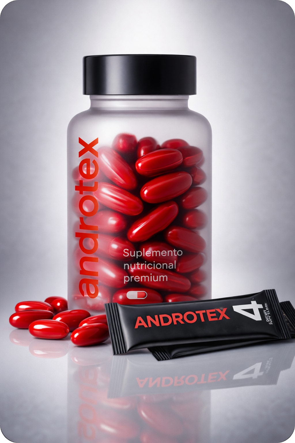 Envase androtex con cápsulas rojas y sobres alrededor.