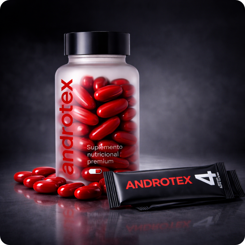 Envase cápsulas con fondo oscuro, con sobres androtex.