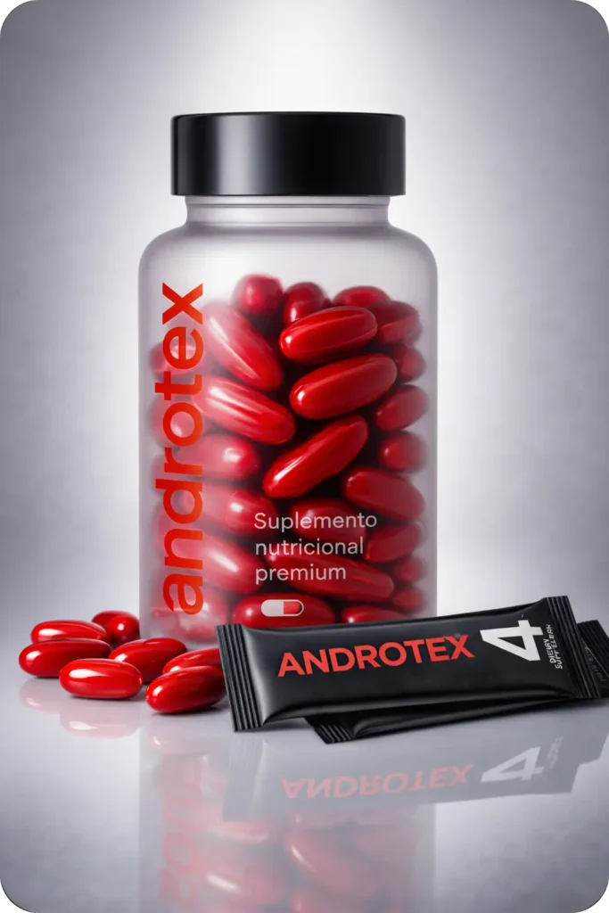 Envase androtex con cápsulas rojas y sobres alrededor.